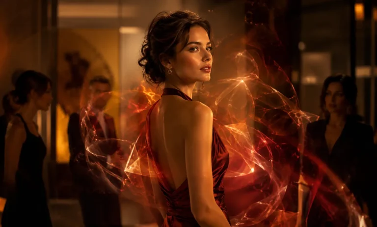 Elegant woman surrounded by a warm, glowing scent aura, representing Baccarat Rouge 540 as a memorable signature fragrance