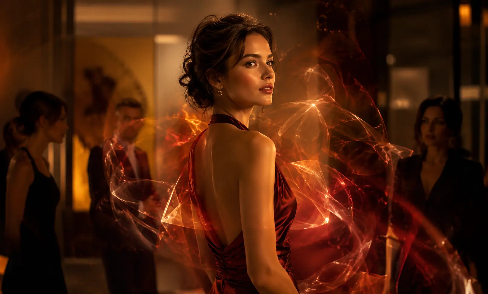 Elegant woman surrounded by a warm, glowing scent aura, representing Baccarat Rouge 540 as a memorable signature fragrance