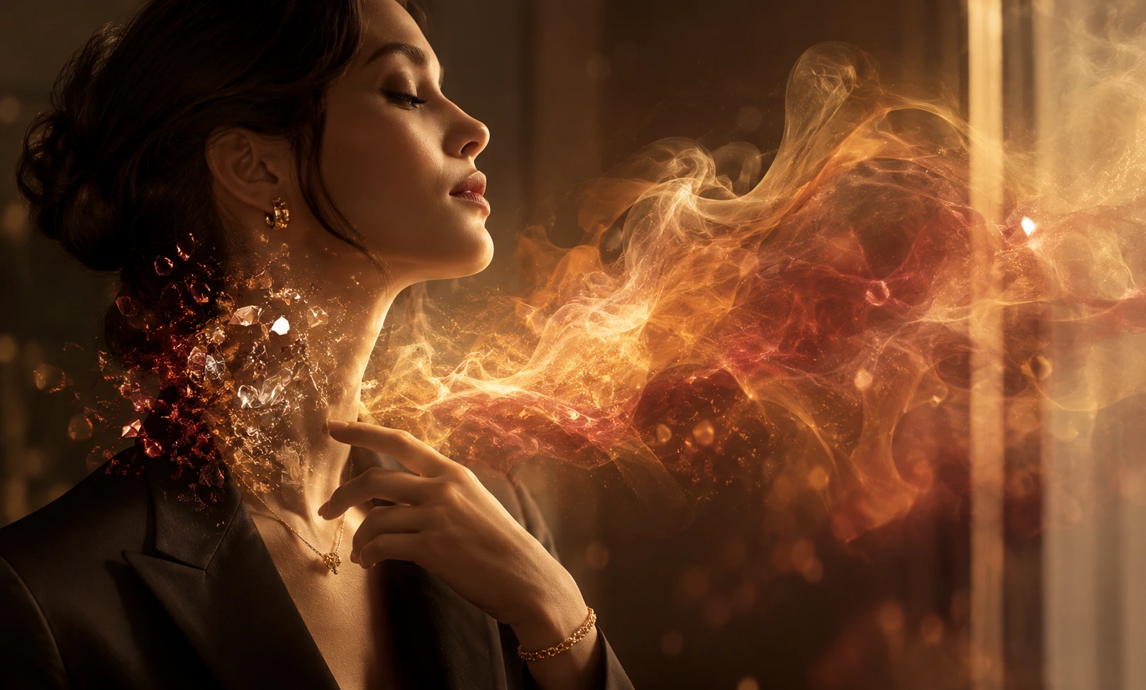 Woman experiencing a radiant amber scent cloud that illustrates why Baccarat Rouge 540 smells better in the air than up close