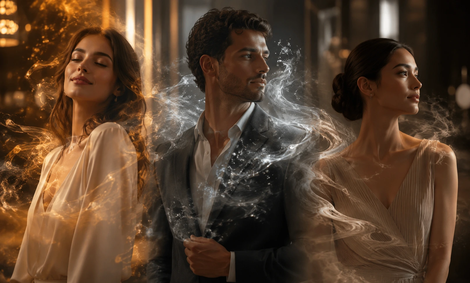 Three people surrounded by different scent auras showing why Baccarat Rouge 540 smells different on different people