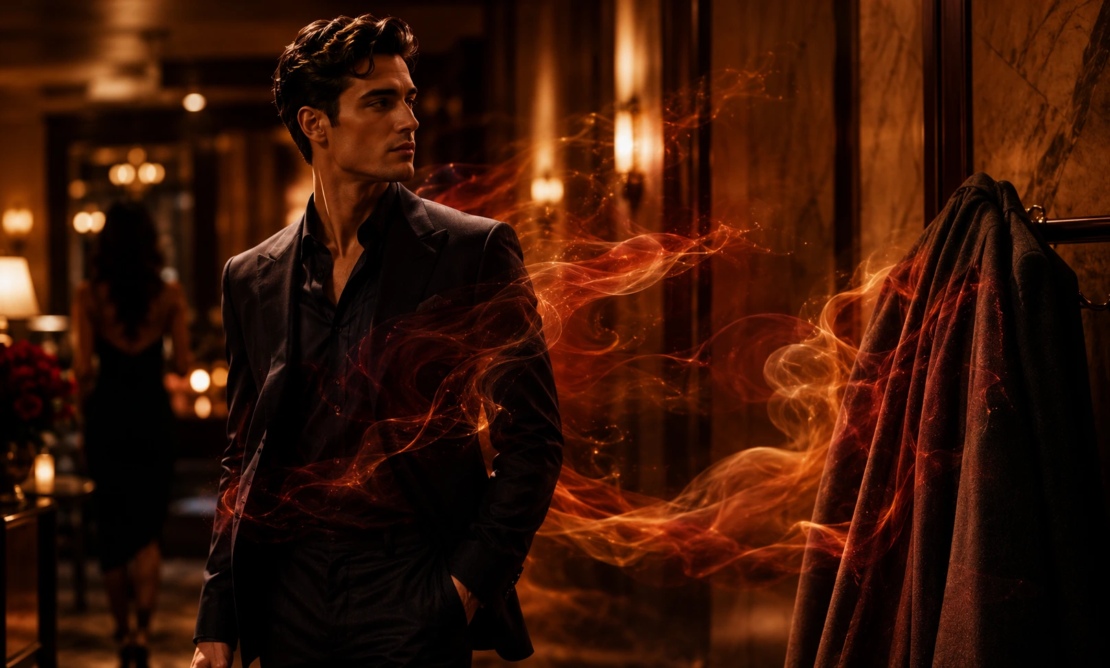 Elegant man surrounded by a glowing amber scent trail in a luxurious setting, representing the lasting performance and airy projection of Baccarat Rouge 540