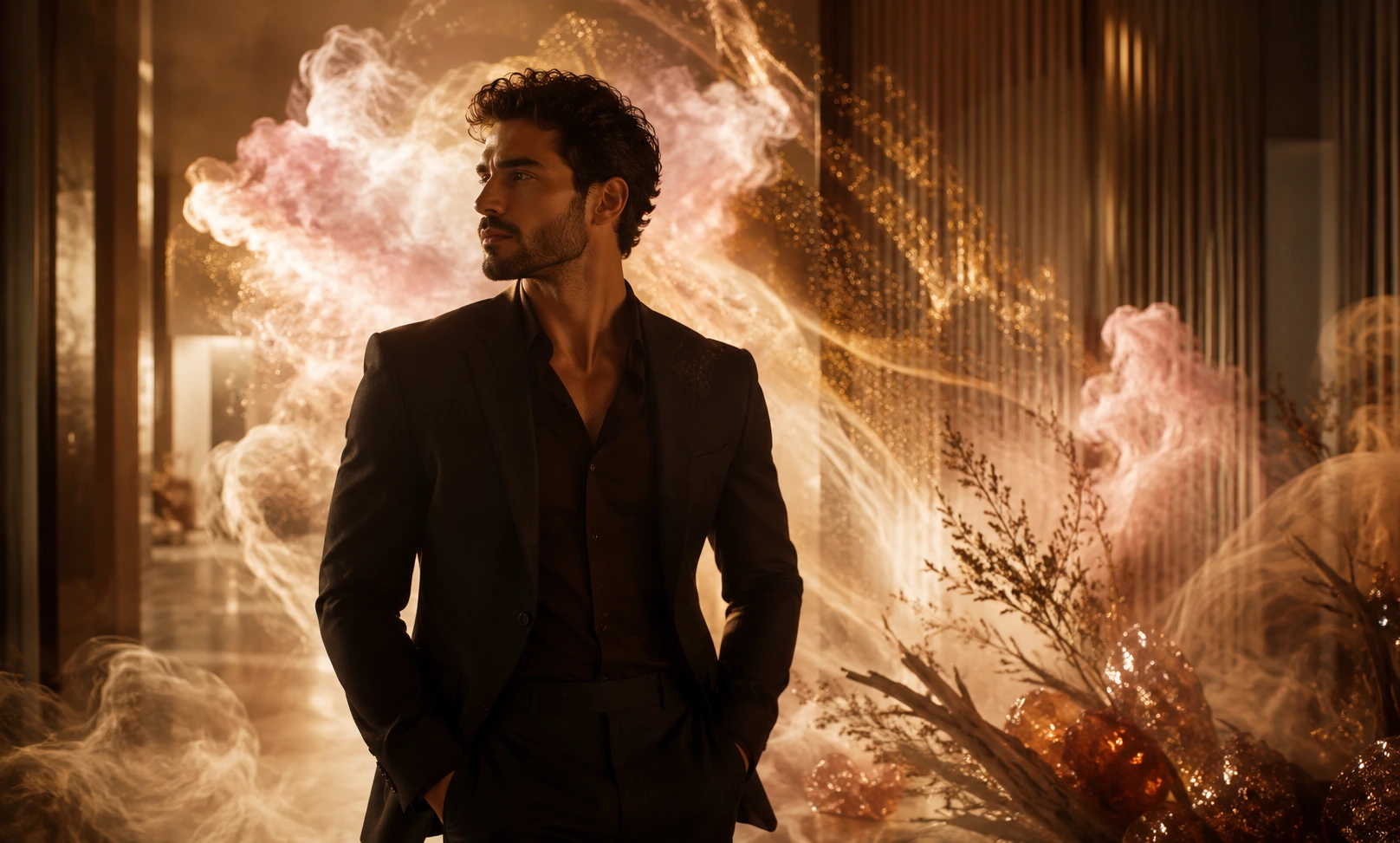 Confident man surrounded by sweet amber and woody notes representing whether Baccarat Rouge 540 feels too feminine for men