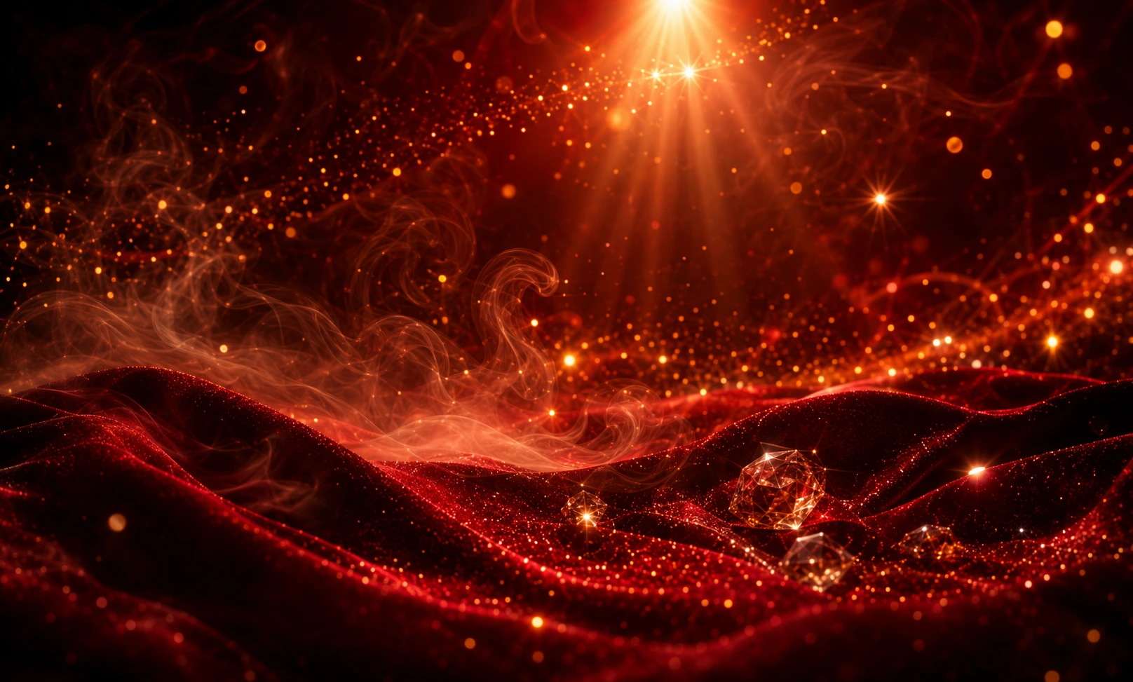 Red velvet, glowing amber light, and crystal details representing the luxury of Baccarat Rouge 540 Travel Set vs full bottle