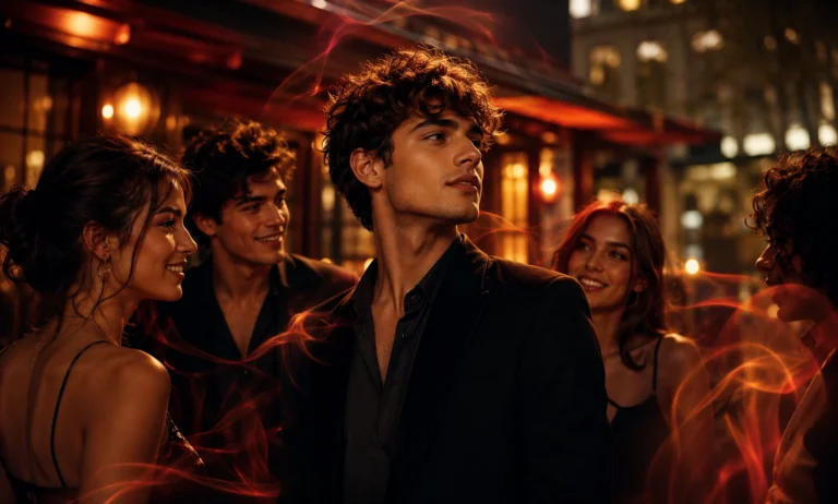 Stylish young adults surrounded by a warm amber-red scent trail inspired by Baccarat Rouge 540