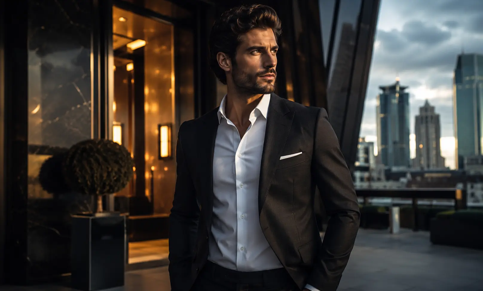 Best Creed Aventus alternatives represented by a confident stylish man in a luxury urban setting, reflecting modern elegance, expensive taste, and masculine fragrance style