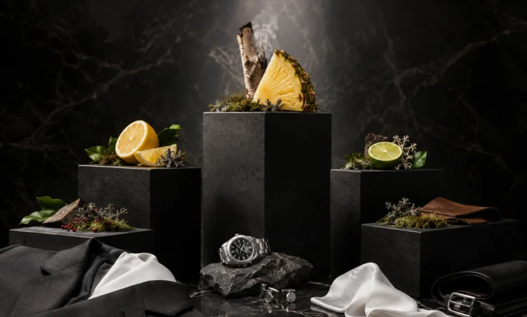 Luxury ranking podium with pineapple, citrus, smoky woods, and masculine details representing the best Creed Aventus clones