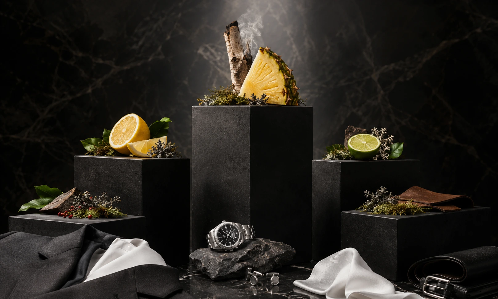 Luxury ranking podium with pineapple, citrus, smoky woods, and masculine details representing the best Creed Aventus clones