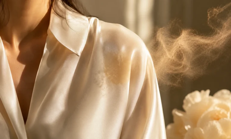 Baccarat Rouge 540 perfume mist leaving a visible mark on an elegant cream satin shirt