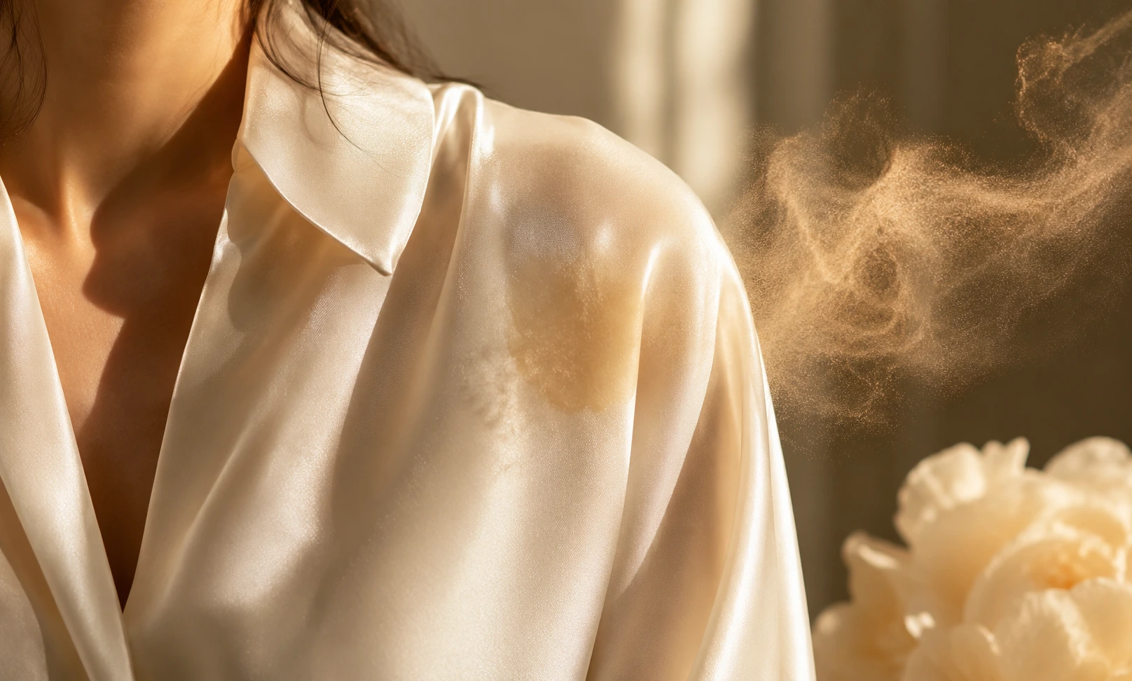 Baccarat Rouge 540 perfume mist leaving a visible mark on an elegant cream satin shirt