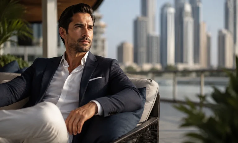 Confident well-dressed man over 30 relaxing in a modern city setting with a mature and polished appearance