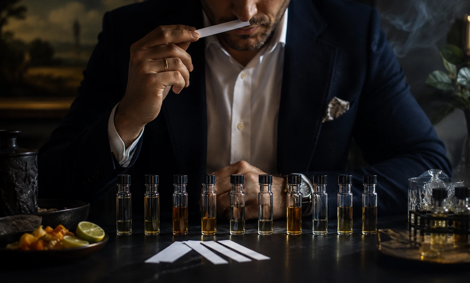 Man comparing multiple Creed Aventus fragrance batches using scent strips and sample vials