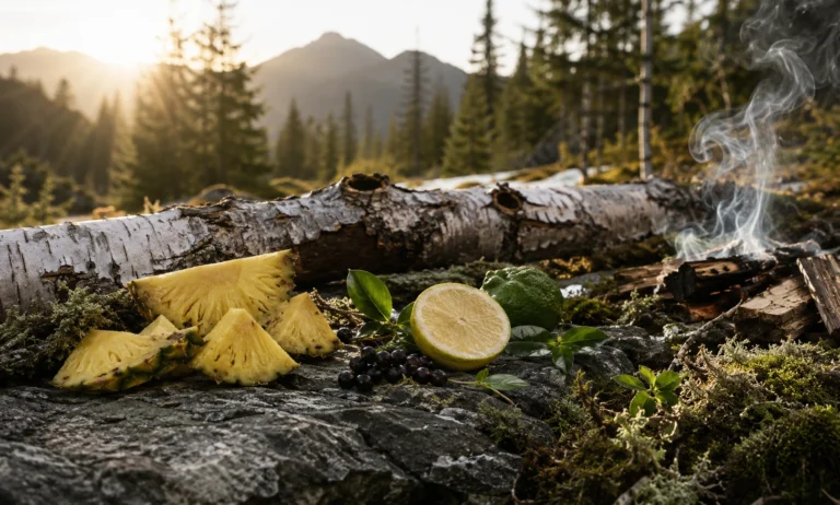 Natural forest scene with pineapple, citrus, birch wood, moss, and smoke representing the fruity, smoky, and woody character of Creed Aventus