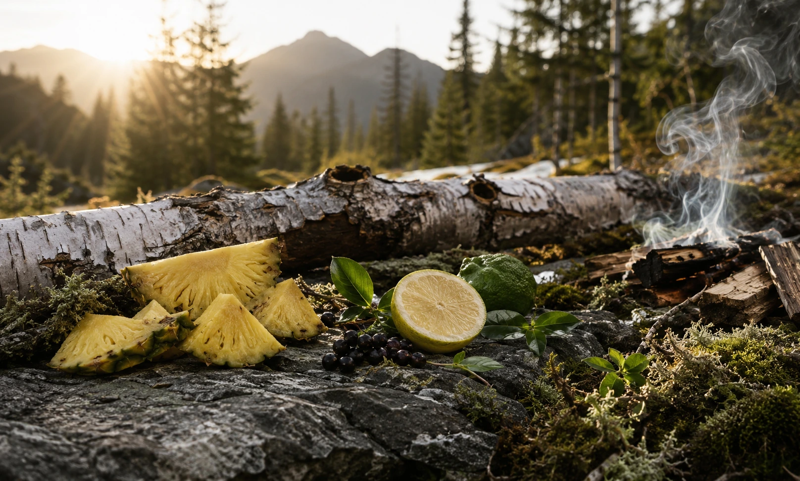 Natural forest scene with pineapple, citrus, birch wood, moss, and smoke representing the fruity, smoky, and woody character of Creed Aventus