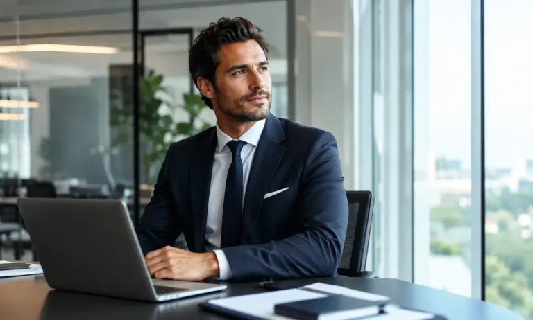 Confident businessman working in a modern office environment, representing Creed Aventus as a professional fragrance for work