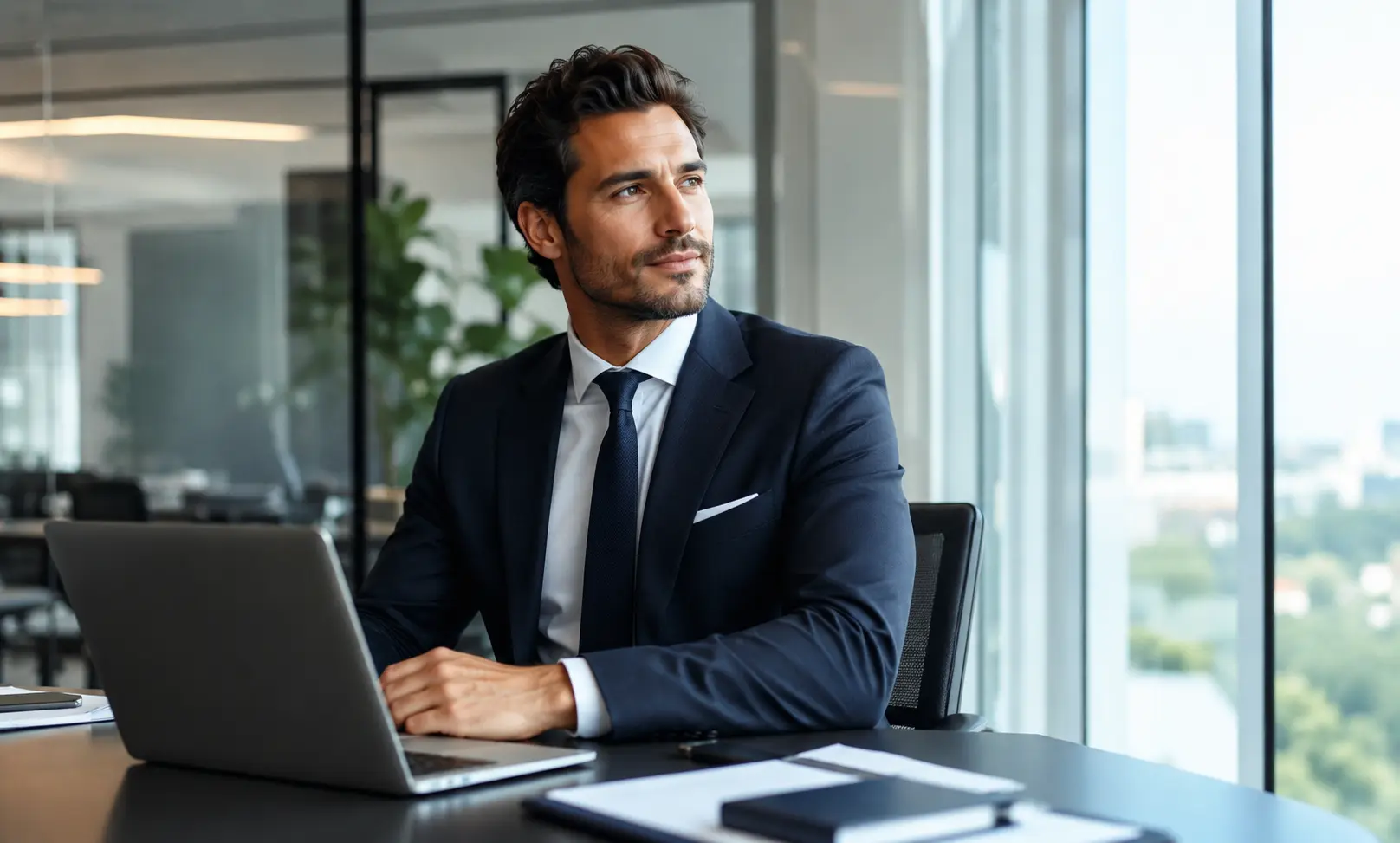 Confident businessman working in a modern office environment, representing Creed Aventus as a professional fragrance for work