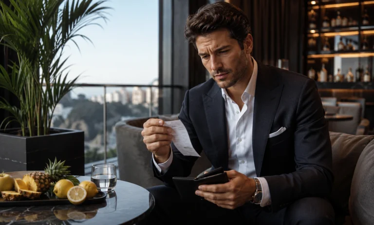 A stylish man in a luxury lounge checking a receipt and wallet, representing the high price and value debate around Creed Aventus.