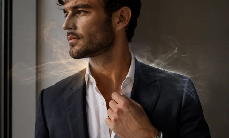 Elegant man in a suit showing Creed Aventus performance on skin vs clothes, highlighting fragrance longevity and projection in a realistic lifestyle scene.