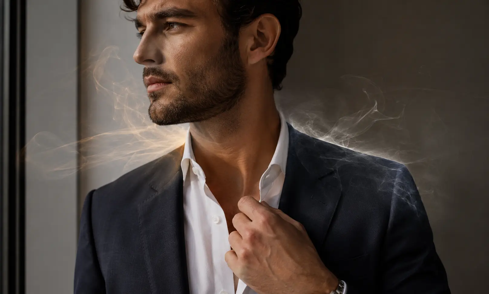 Elegant man in a suit showing Creed Aventus performance on skin vs clothes, highlighting fragrance longevity and projection in a realistic lifestyle scene.