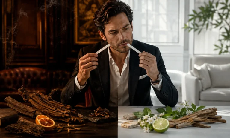 Man comparing two scent profiles to illustrate Creed Aventus reformulation differences between older and modern versions