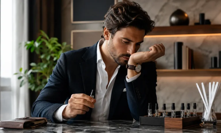 Man evaluating a Creed Aventus sample by testing the scent on his wrist and comparing fragrance strips