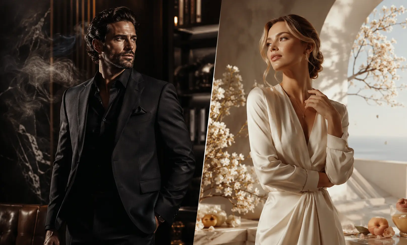 Creed Aventus vs Aventus for Her luxury fragrance comparison showing bold masculine confidence and radiant feminine elegance
