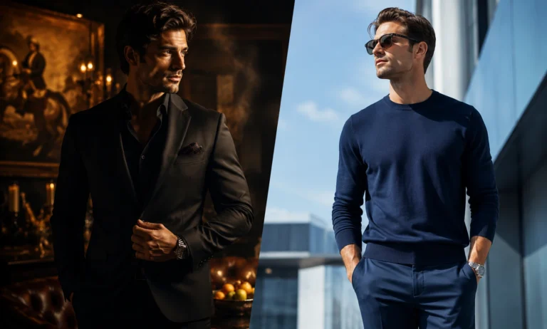 Creed Aventus vs Bleu de Chanel comparison showing luxury confidence versus clean modern elegance for men