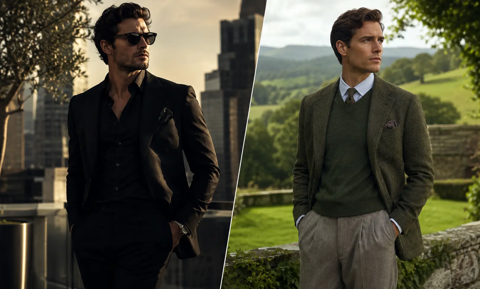 Creed Aventus vs Green Irish Tweed comparison showing confident urban luxury versus quiet green classic elegance