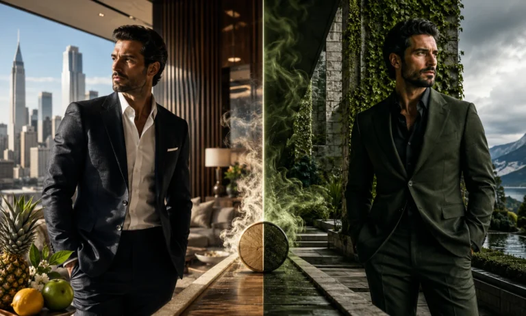 Creed Aventus vs Nishane Hacivat luxury fragrance comparison showing smooth iconic elegance versus stronger green niche sophistication