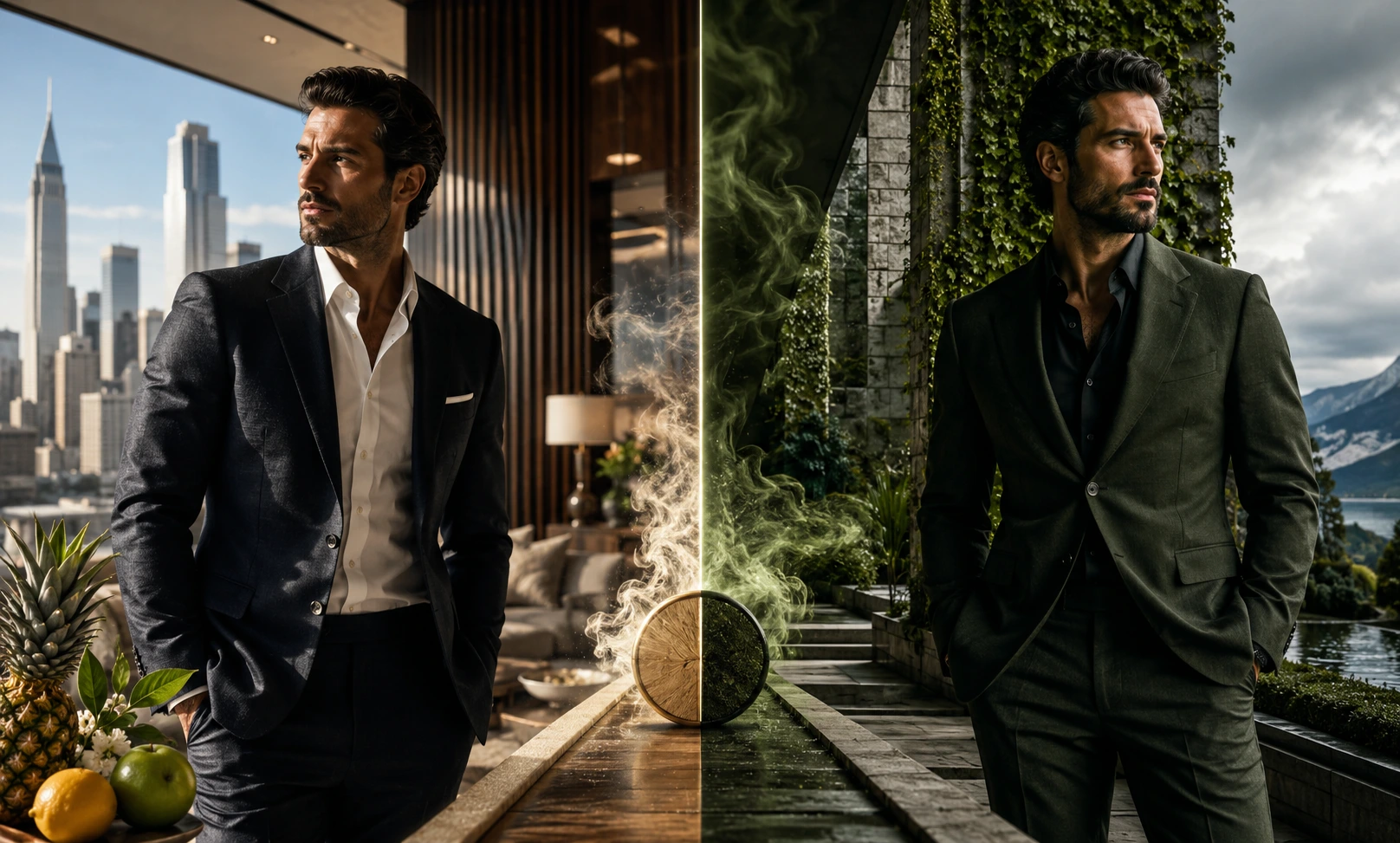 Creed Aventus vs Nishane Hacivat luxury fragrance comparison showing smooth iconic elegance versus stronger green niche sophistication
