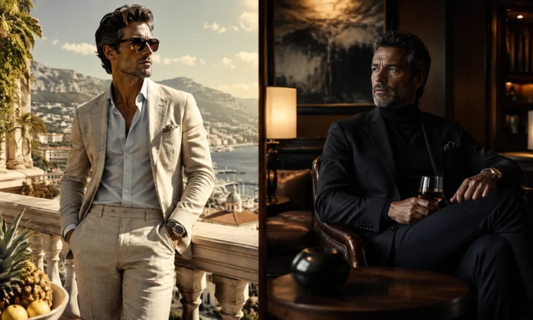 A luxury visual comparison for Creed Aventus vs Tom Ford Oud Wood, showing the contrast between fresh confident elegance and dark quiet sophistication.