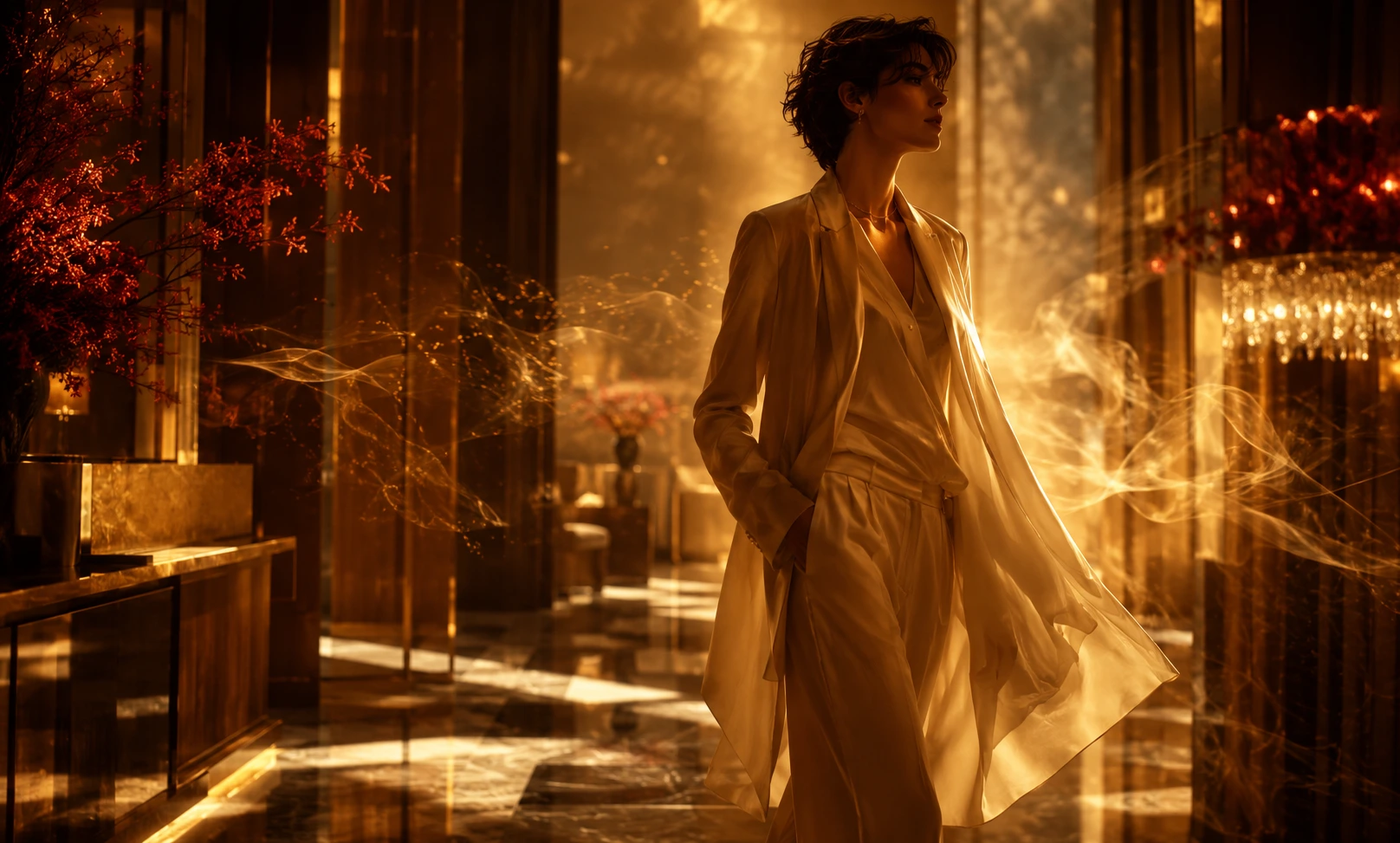 Elegant figure surrounded by glowing amber light and an airy scent trail representing the expensive smell of Baccarat Rouge 540