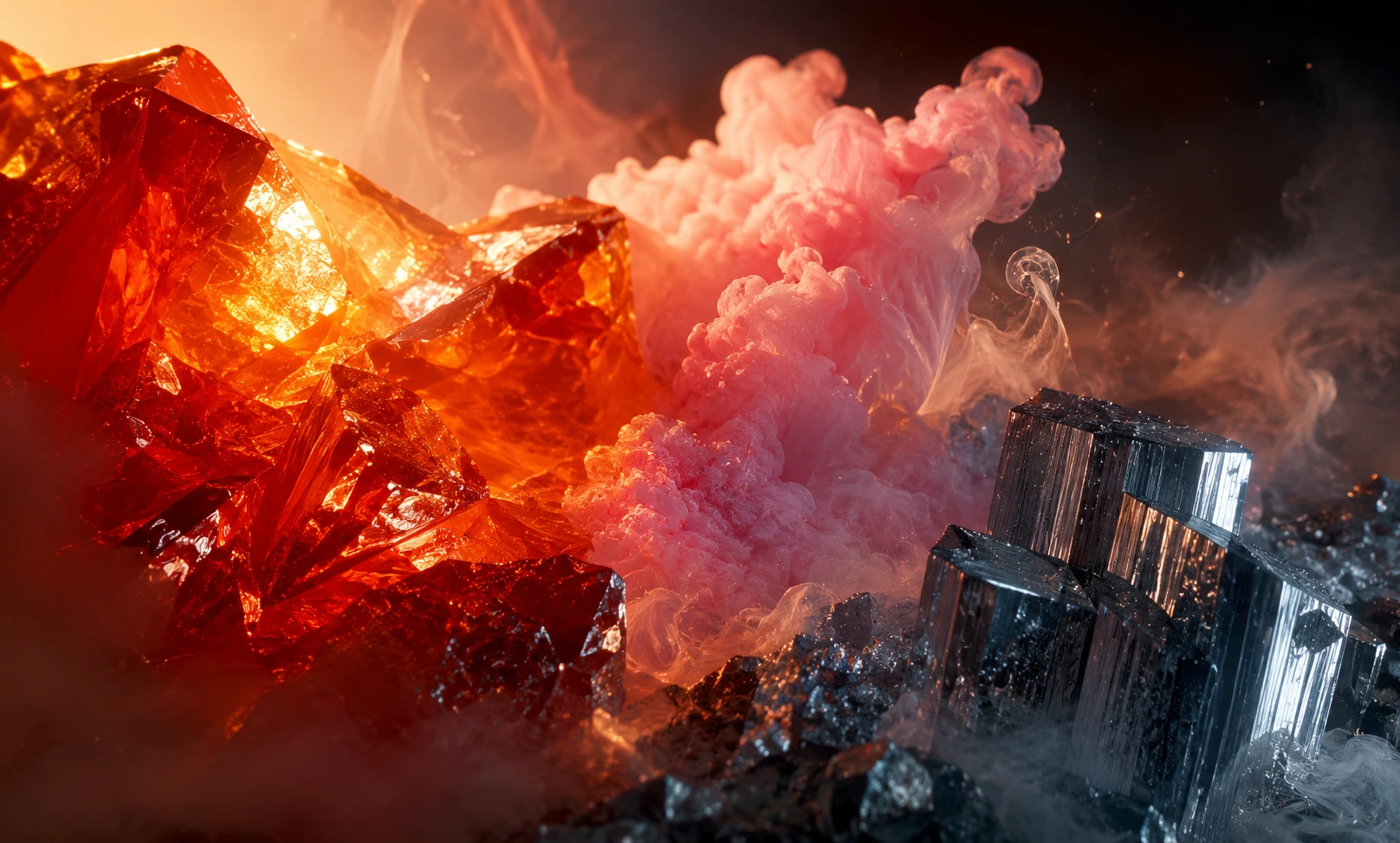 Glowing amber crystals, pink vapor, and metallic minerals representing the synthetic smell of Baccarat Rouge 540