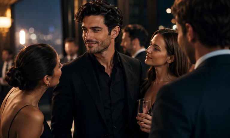 Confident man receiving positive attention at an elegant social event, representing Creed Aventus compliment potential