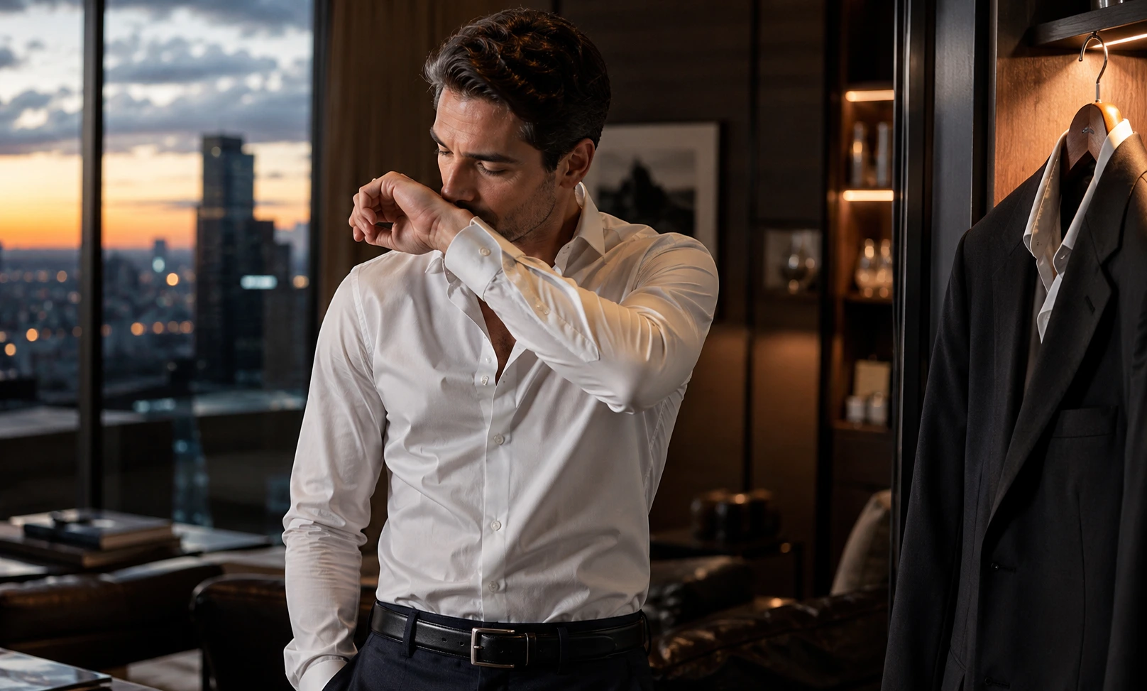 Man checking fragrance longevity on his skin beside formal clothing at the end of the day