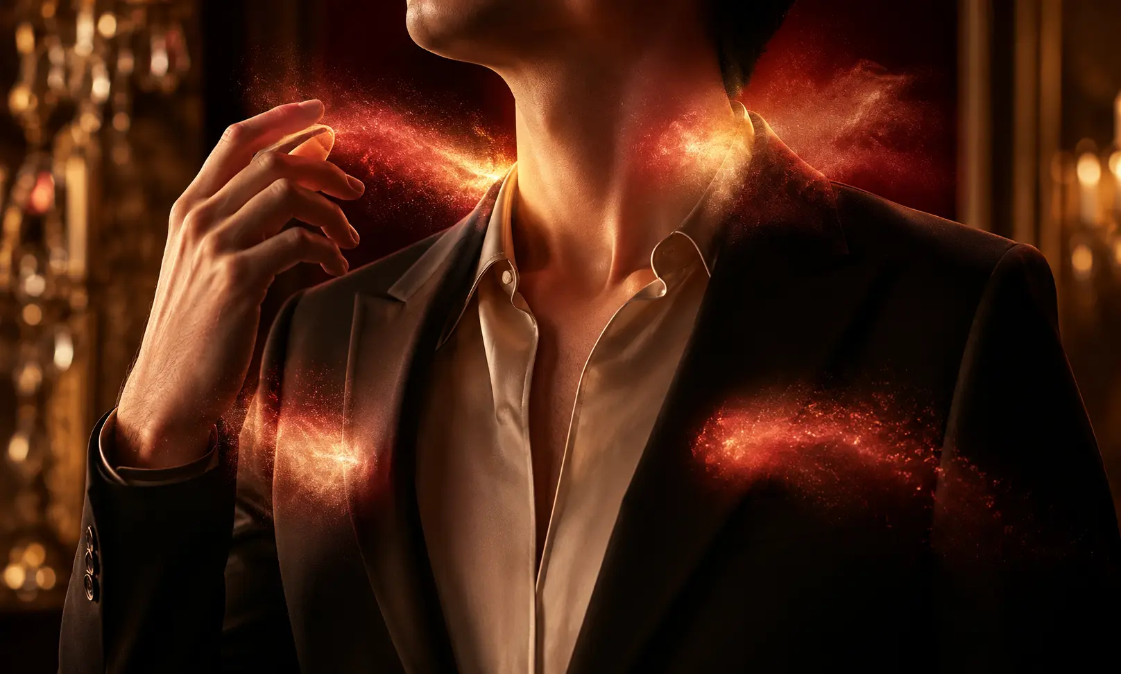 Elegant man surrounded by a controlled amber-red fragrance cloud illustrating how many sprays of Baccarat Rouge 540 to wear