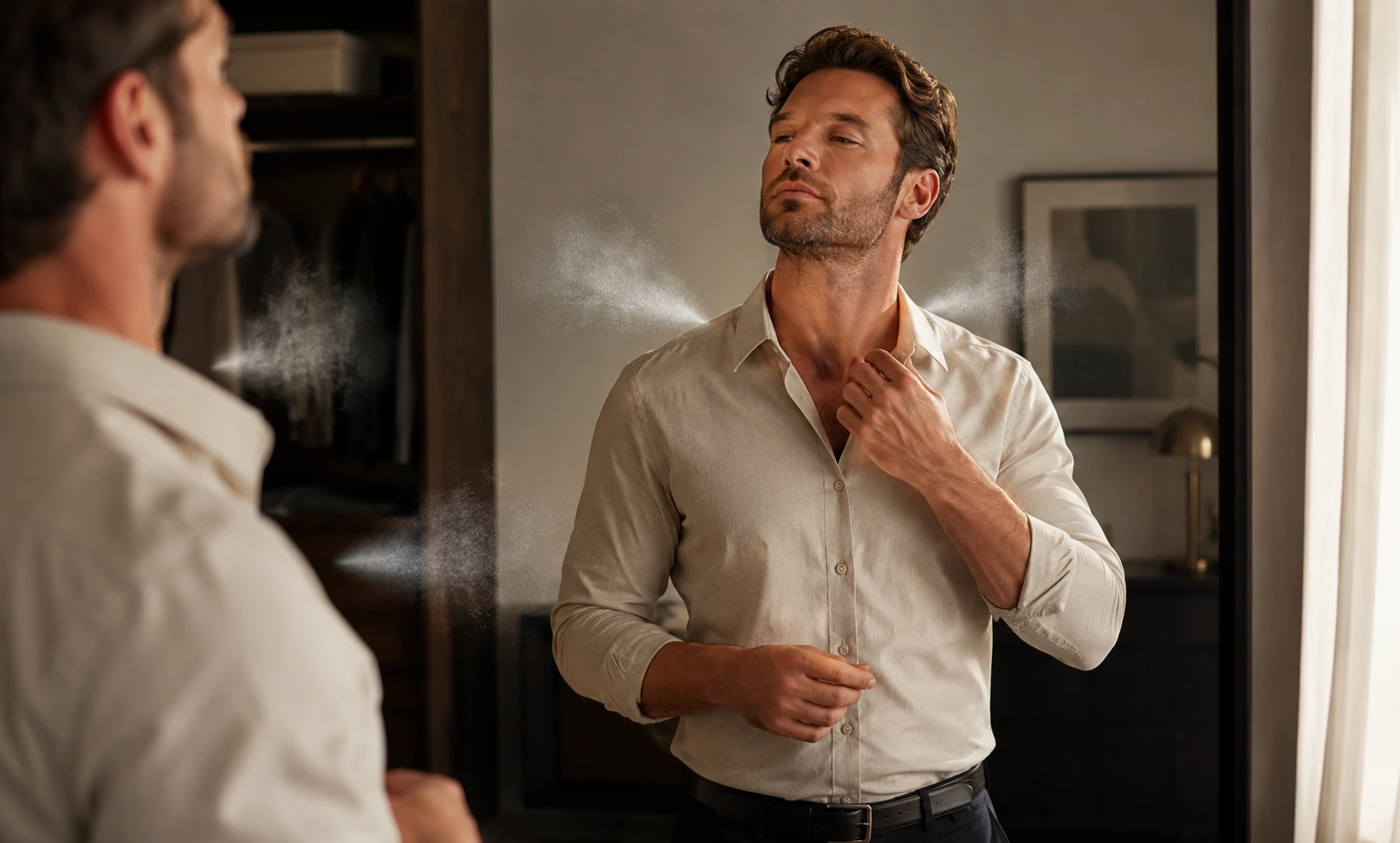 Man applying the ideal number of Creed Aventus sprays for balanced projection and refined daily wear