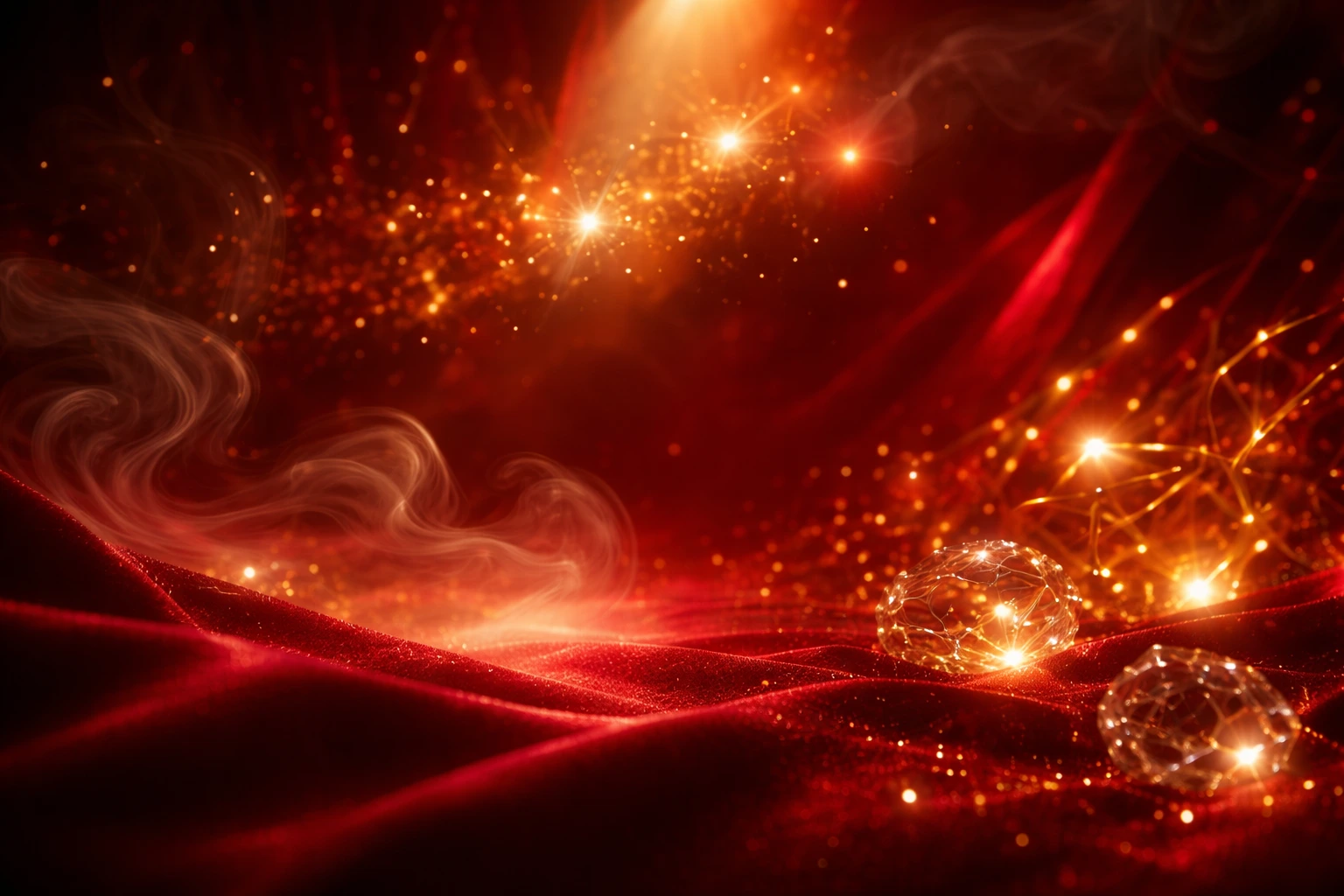 Glowing amber scent trail over red velvet representing how to make Baccarat Rouge 540 last longer