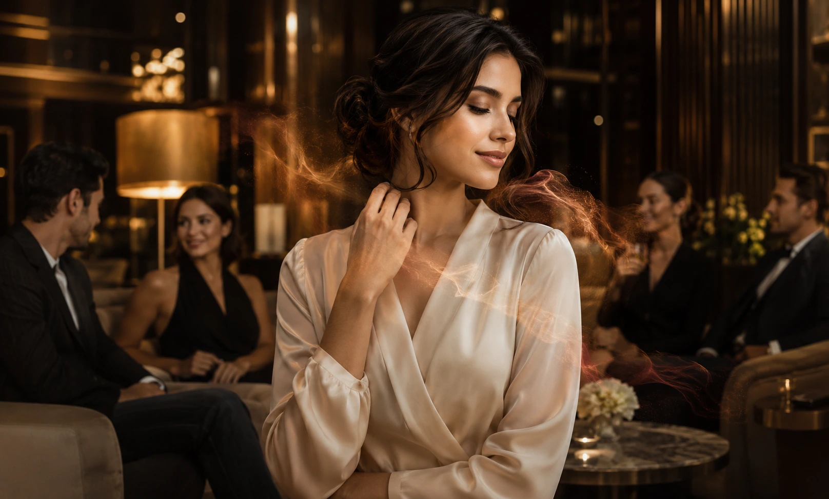 Woman wearing Baccarat Rouge 540 with a subtle scent trail in an elegant indoor setting