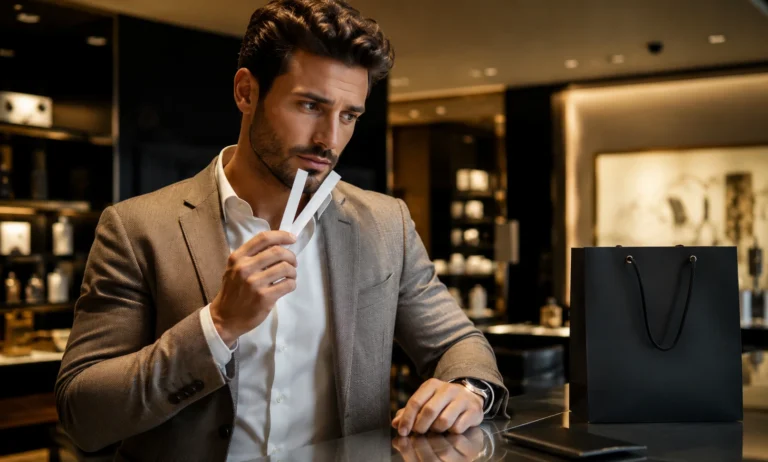 Man testing fragrance scent strips before deciding whether Creed Aventus is a safe blind buy