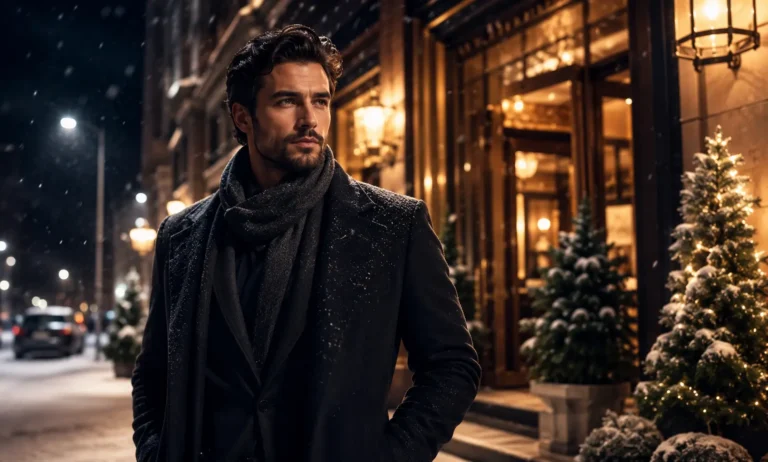 Elegant man in a dark winter coat standing in a snowy evening street, representing Creed Aventus as a refined winter fragrance