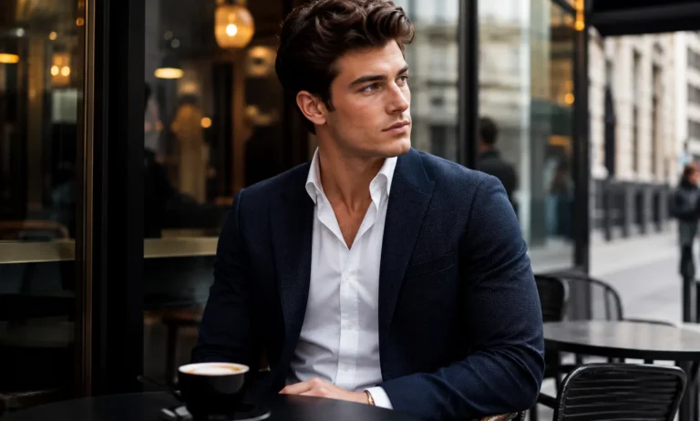Confident young man in a refined urban café representing whether Creed Aventus is suitable for young men