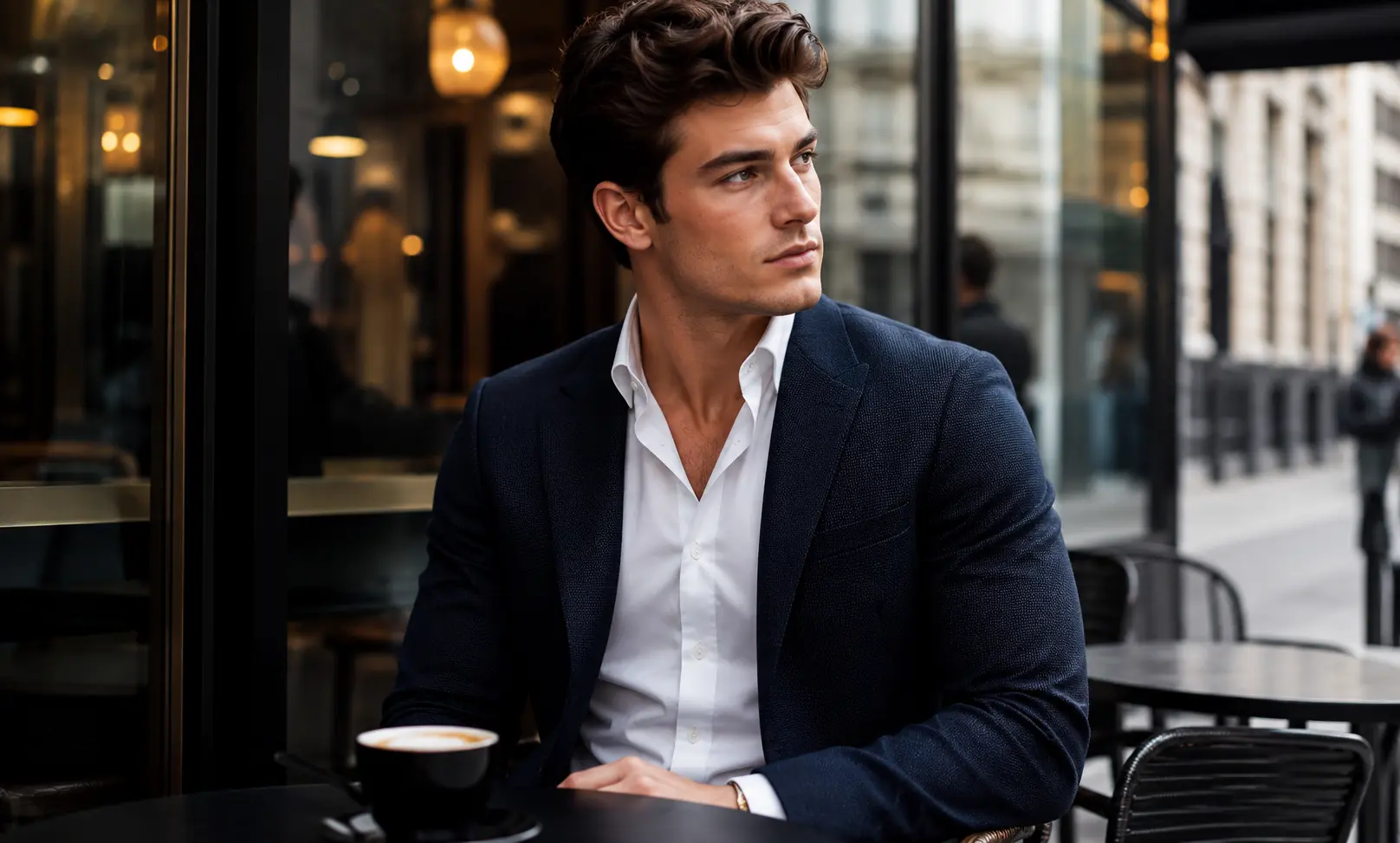 Confident young man in a refined urban café representing whether Creed Aventus is suitable for young men