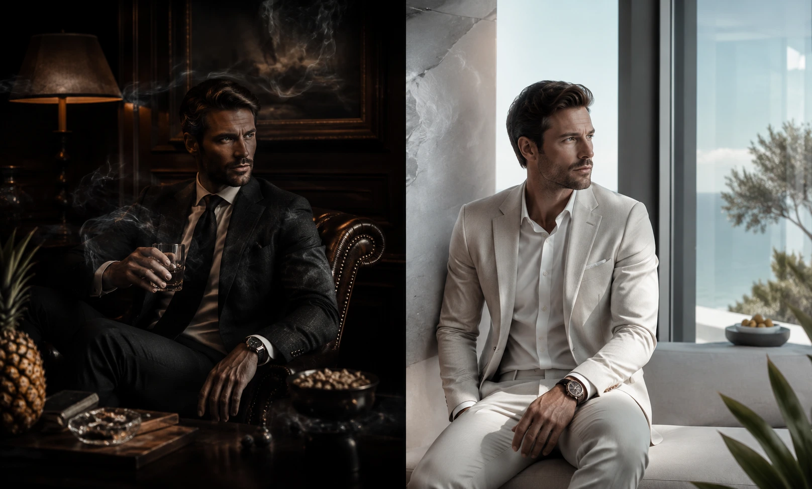 Old Creed Aventus vs new Creed Aventus shown through a dark smoky vintage style and a bright modern luxury look