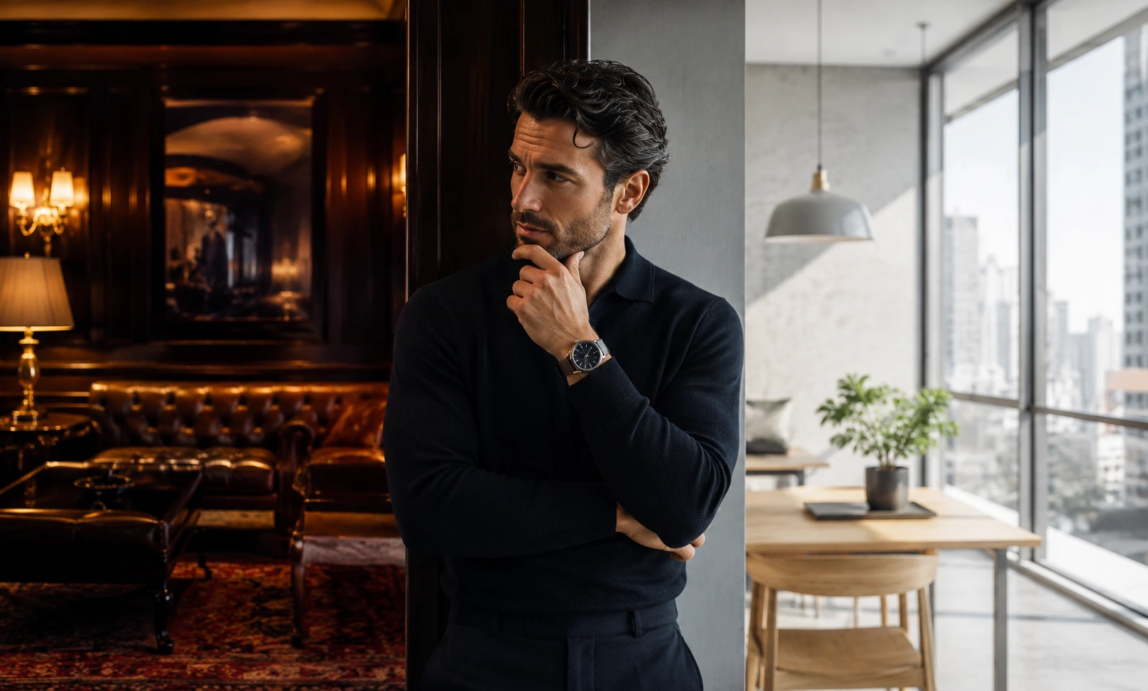 Man deciding between the luxury of Creed Aventus and the practical value of an Aventus clone