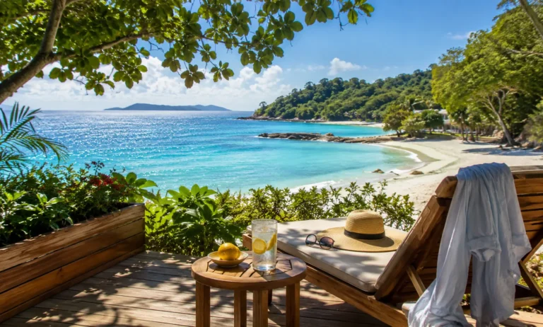 Luxury summer coastal terrace overlooking a turquoise beach in bright sunny weather