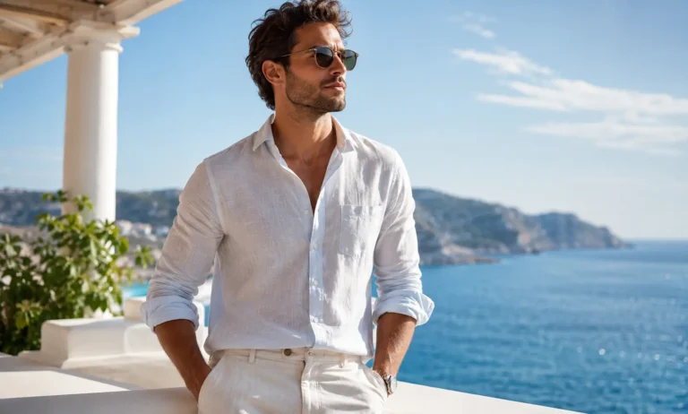 Stylish man in a fresh white summer outfit by the sea representing cleaner and fresher Creed Aventus alternatives for hot weather