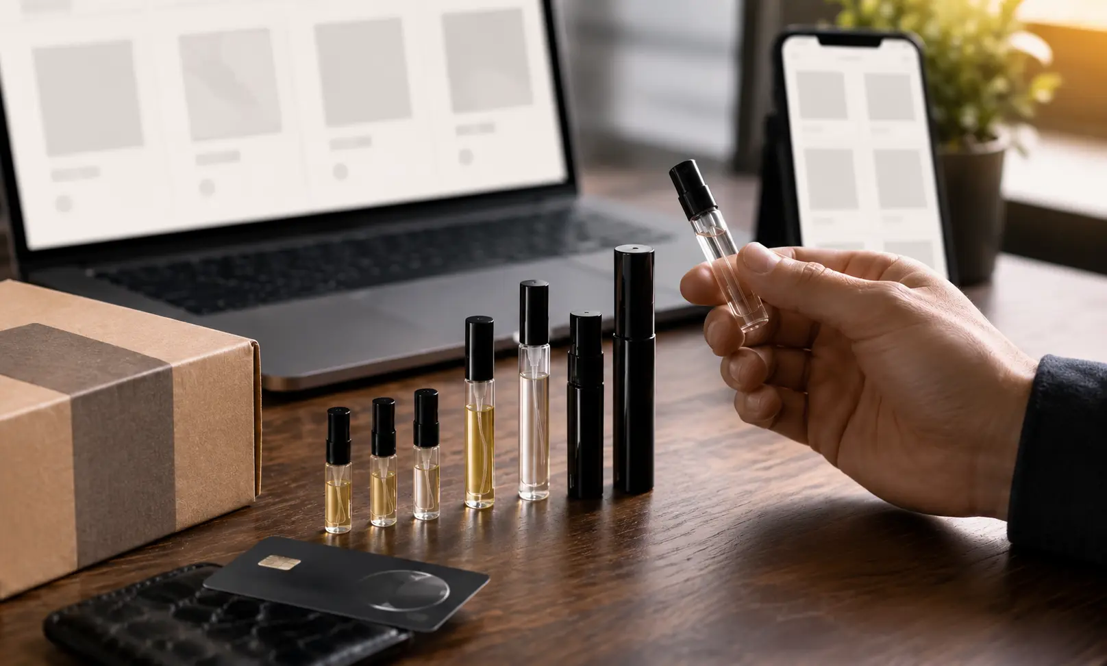 Man comparing Creed Aventus sample sizes while shopping from trusted online fragrance stores