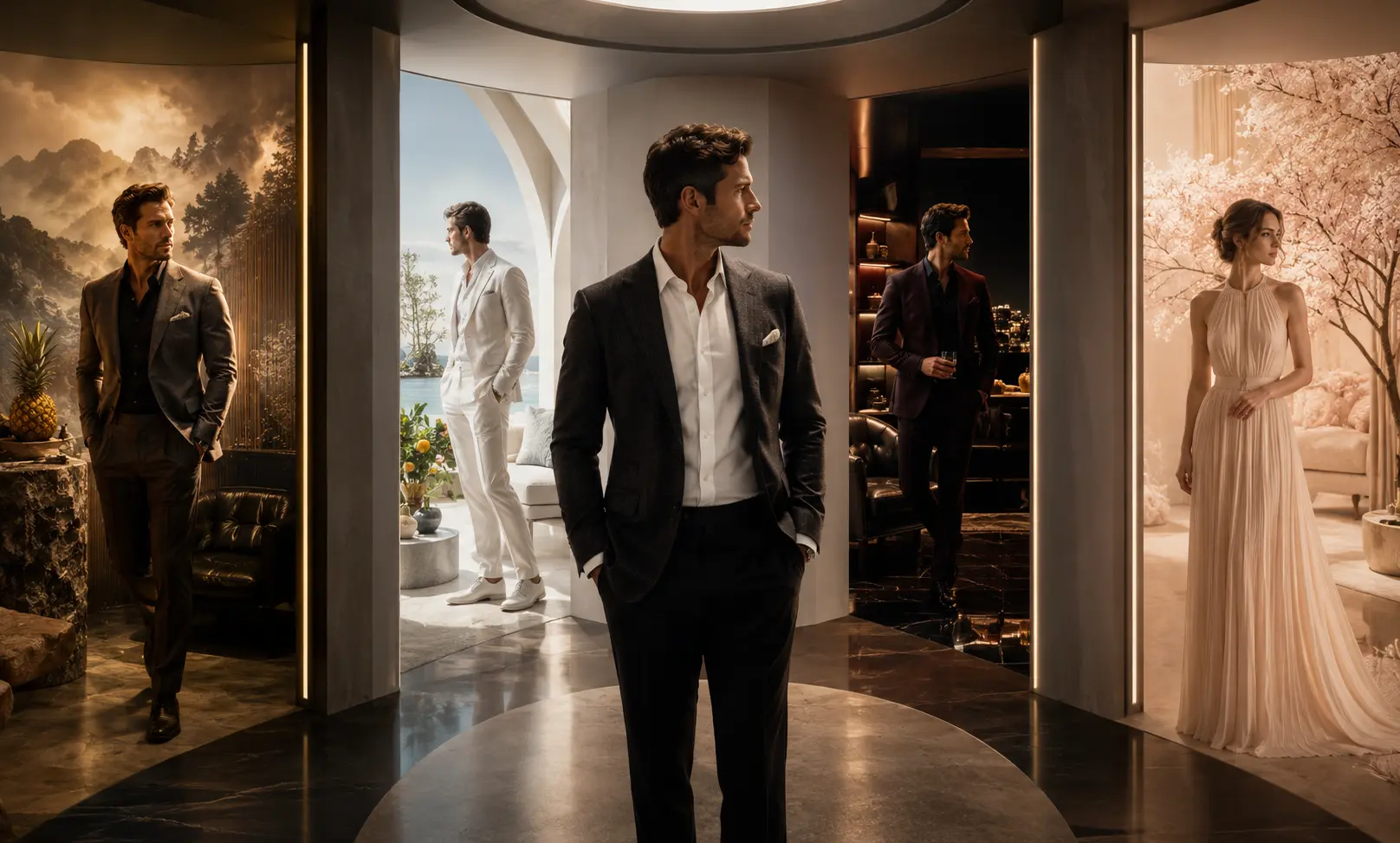 Luxury decision scene representing which Aventus Collection fragrance to buy, with different elegant styles for Creed Aventus, Aventus Cologne, Absolu Aventus, and Aventus for Her