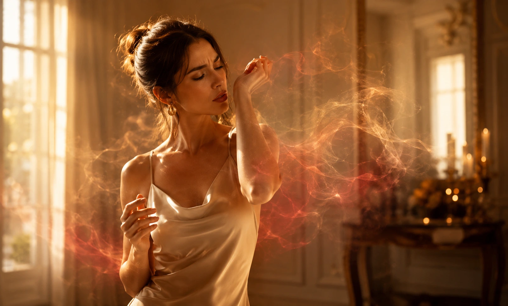 Woman struggling to smell Baccarat Rouge 540 as its airy amber scent trail fades around her