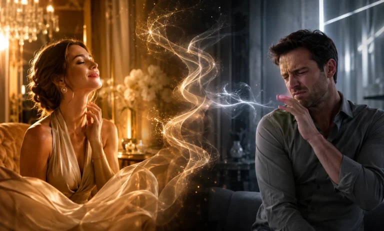 Two people reacting differently to the same Baccarat Rouge 540 scent trail, showing why some love its luxurious sweetness while others dislike its sharp character.